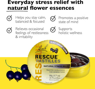 RESCUE Bach PASTILLES, Black Currant Flavor, Natural Stress Relief Lozenges, Homeopathic Flower Essence, Vegetarian, Gluten and Sugar-Free, 6-Pack